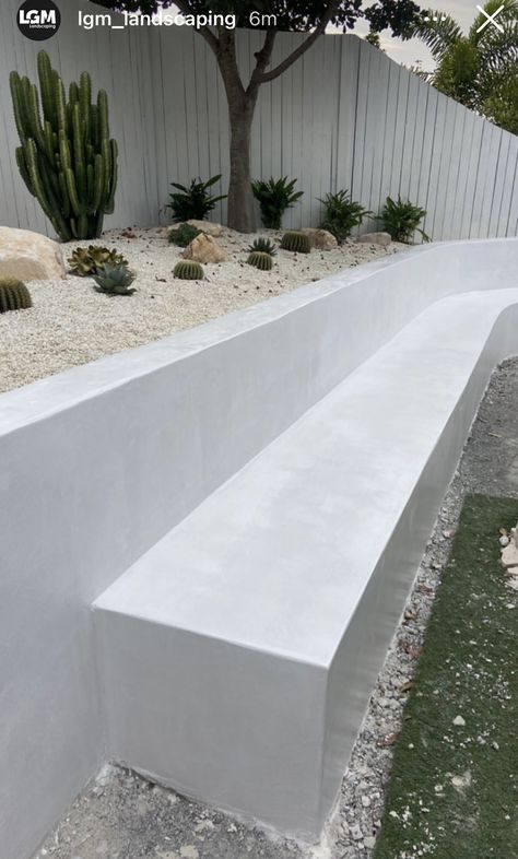 Backyard Cement, Concrete Bench Outdoor, Concrete Bench Seat, Rooftop Planters, Mediterranean Backyard, Entry Patio, Cement Bench, Front Flower Beds, Dream Backyard Pool