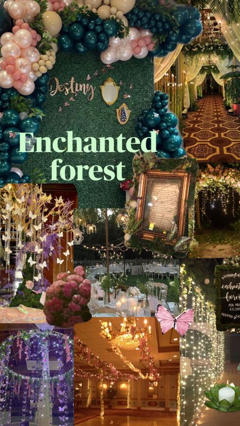 Enchanted forest Princess Enchanted Forest Party, Hoco Enchanted Forest, Fantasy Graduation Party, Midnight Birthday Party Theme, Enchanted Night Prom Theme, Prom Themes Enchanted Forest, Enchanted Forest Gender Reveal, Enchanted Forest Table Setting, Spring Prom Theme