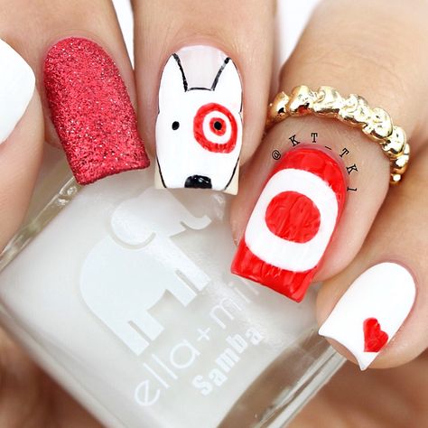 Target Nails, Dog Theme Nails, Puppy Nails Designs, Puppy Nail Art, Bull Terrier Nail Art, Target Bullseye Dog, Dog Nail Art, New Nail Polish, Gel Art