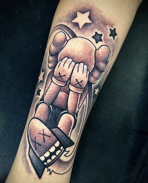 Cartoon Tattoos For Men Sleeve, Kodak Black Tattoo Ideas, Kaws Sleeve Tattoo Ideas, Cloud Leg Tattoo, Kaws Tattoo Ideas Stencil, Kaws Tattoo Ideas For Men, Palm Size Tattoos Ideas Men, Hypebeast Tattoo Ideas, First Tattoo Ideas For Men Arm