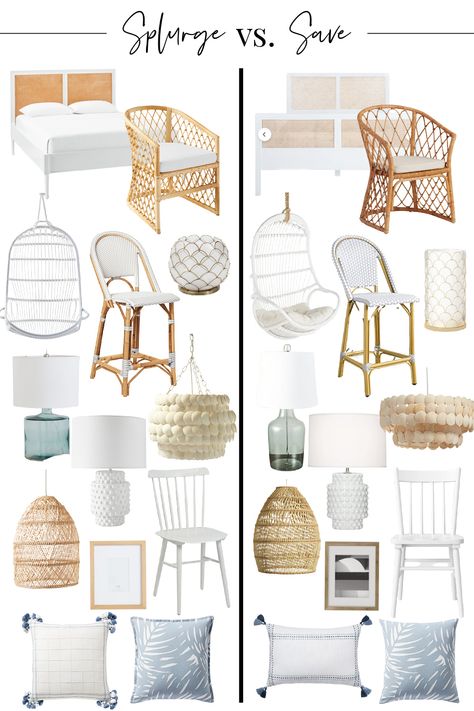 Coastal Farmhouse Inspiration, Coastal Boho Pillows, Costal Chic Decor, Coastal Decor On A Budget, Coastal Rattan Dining Room, Coastal Modern Beach House, Coastal Living Room Lighting, Splurge Vs Save Home Decor, Modern Coastal Dining Room Lighting