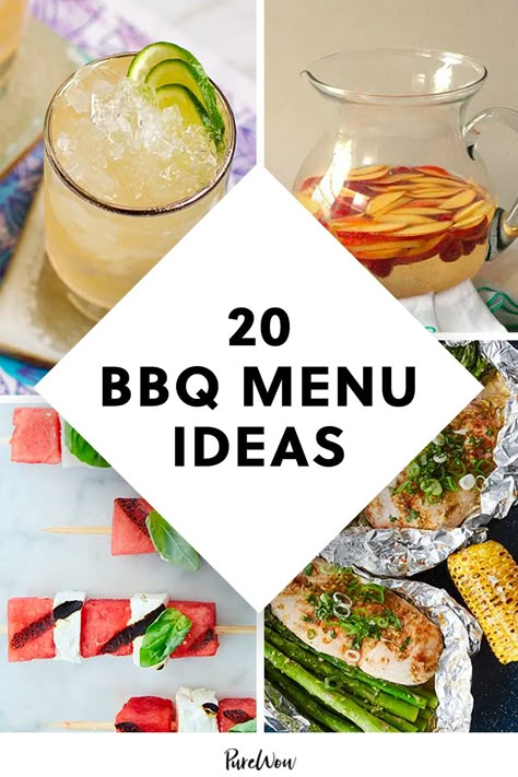 These 20 BBQ menu ideas are about to get all up in your grill. Get inspiration for everything from cocktail hour to dessert.  #BBQ #recipes #ribs Bbq Menu Ideas Parties, Bbq Menu Ideas, Bbq Party Menu, Summer Bbq Menu, Bbq Dinner Party, Cookout Menu, Grilling Food, Bbq Party Food, Bbq Night