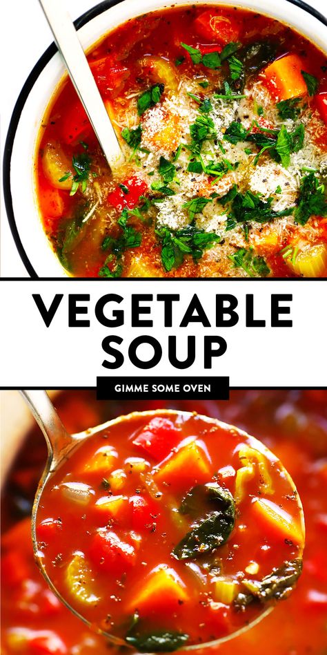 This delicious vegetable soup recipe is made with an Italian tomato-herb broth and your choice of veggies. It's easy to make in the Instant Pot, Crockpot or on the stovetop...and so healthy and and delicious! | gimmesomeoven.com #vegetable #soup #healthy #vegan #glutenfree #italian #mealprep #freezermeal Gimme Some Oven Recipes, Herb Broth, Best Vegetable Soup Recipe, Vegetable Soup Crock Pot, Curly Kale, Vegetable Soup Healthy, Soup Vegetable, Soup Crock Pot, Most Pinned Recipes