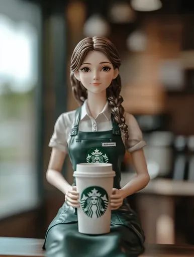 ↑↑↑ Larger size on website 🔸 A porcelain doll, dressed in a Starbucks uniform, sits with a thoughtful expression, holding a Starb Starbucks Uniform, Starbucks Apron, Green Apron, Starbucks Logo, Delicate Features, Starbucks Cup, Porcelain Doll, Starbucks Cups, Porcelain Dolls