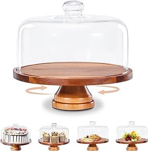 Yangbaga Glass Cake Stand with Lid,11in Wooden Rotating Cake Stand with Dome Cover, Cake Plate Display Server Tray for Birthday Kitchen Party Baking Gifts Cake Stand With Lid, Rotating Cake, Rotating Cake Stand, Cake Display Stand, Pastry Stand, Server Tray, 10 Inch Cake, Cupcake Tiers Stand, Wooden Cake Stands