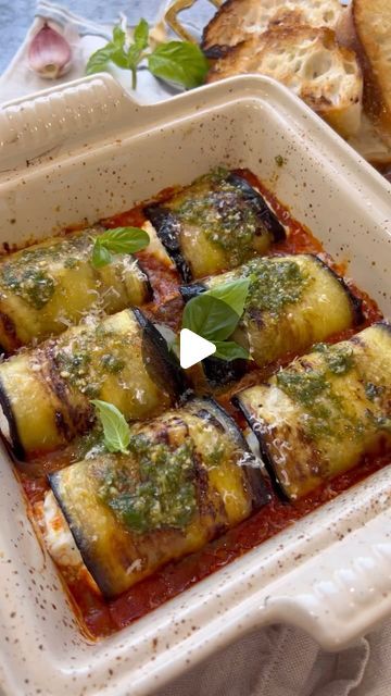 Vesela Asenova| Recipe Creator on Instagram: "Eggplant Rollatini- zesty, creamy and mouthwatering! These are perfect as an appetizer or even a meal!They are a great party idea just don’t forget to serve them with some garlic rubbed crostini to round up the the whole experience! Ingredients: 1 medium eggplant 1 cup marinara sauce 1/4 cup olive oil for brushing 1.5 cup ricotta cheese 1 lemon- zested 1 garlic clove 1/4 cup pesto to top off Parmigiano Regiano to finish Garlic rubbed crostini for serving Method: 1. Wash and slice eggplant, salt on both sides and place on paper towels to get excess moisture out while preparing the ricotta filling; 2. To make the ricotta filling- mix ricotta, garlic and lemon zest; 3. Brush eggplant slices generously with olive oil and pan sear until go Eggplant With Ricotta Cheese, Eggplant Ricotta, Eggplant Rolls, Eggplant Rollatini, Eggplant Pasta, Ricotta Filling, Spinach Ricotta, Baked Eggplant, Garlic Clove