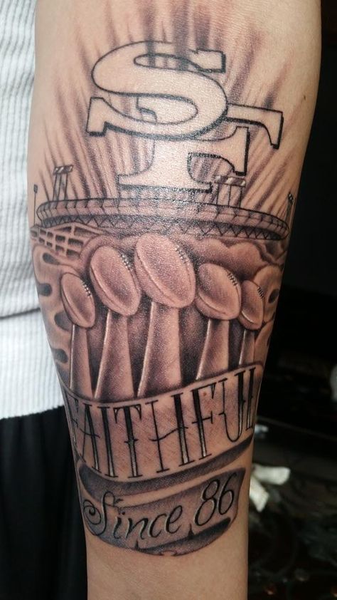 #tattoo #49ers #NinerInk #Faithful 76ers Tattoo, 49ers Tattoo Ideas, 49er Tattoos For Women, 49er Tattoos, 49ers Tattoo, San Francisco 49ers Tattoo Ideas, San Francisco 49ers Logo Svg, Geometric Tattoo, Tattoos For Guys