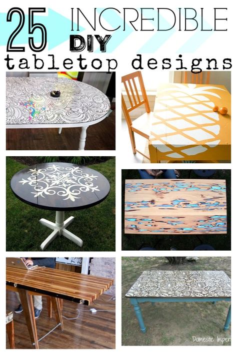 If the top of your table is damaged or if you're just looking for a fresh new look, try one of these DIY tabletop designs, from faux finishes to fun stencils. Creative Table Top Ideas, Stencil Tile Table Top, Painted Tabletop Ideas, Tabletop Designs Painted, Tabletop Refinishing Ideas, Mdf Table Top Diy, Table Top Replacement Ideas, Diy Painted Table Top Ideas, Table Painting Ideas Diy