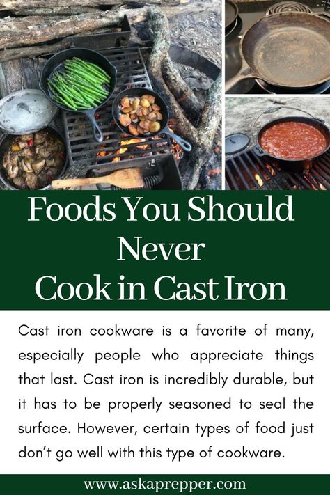 Cast iron cookware is a favorite of many, especially people who appreciate things that last. Cast iron is incredibly durable, but it has to be properly seasoned to seal the surface. However, certain types of food just don’t go well with this type of cookware. Cast Iron Pans, Camping Hacks Food, Cast Iron Cleaning, Kitchen Item, Cast Iron Pot, Iron Cookware, Cooking Hacks, Spiritual Truth, Cast Iron Cooking