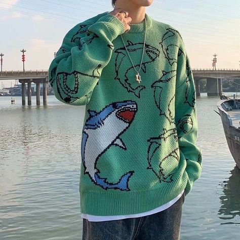 Shark Clothes, Shark Sweater, Gender Neutral Outfit, Shark Sweatshirt, Silly Clothes, Shark Plush, 90s Men, Shark Pattern, Oversized Turtleneck Sweater