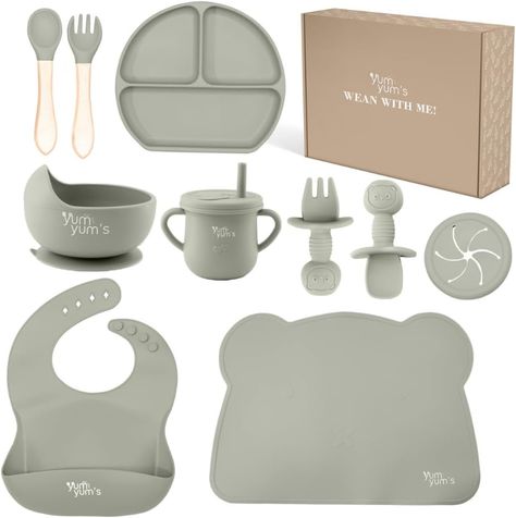 Yum Yum's Baby Weaning Set – includes Toddler Water Bottle, Suction Cups, Suction Bowl, Spoon, Fork, Baby Plate & More - Ideal Baby Feeding Set & Baby Gifts & Present - 10 Pieces (Olive) Baby Plates Set, Toddler Water Bottle, Baby Dinner, Baby Table, Baby Essentials Newborn, Baby Teether Toys, Toddler Cup, Baby Plates, Baby Feeding Set