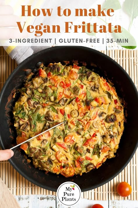 A 3-ingredient vegan frittata base with chickpea flour is loaded with veggies like portobello mushroom, bell pepper, cherry tomato, and fresh spinach leaves. It is perfect to make ahead and enjoy it for breakfast. Its colorful cake-like appearance will also make Mother's Day or any other brunch splendid. Chickpea Frittata, Vegan Frittata, Happy Passover, Vegan Chickpea, Meat Dinners, Vegan Meal Plans, Fresh Spinach, Bright Sun, Spinach Leaves