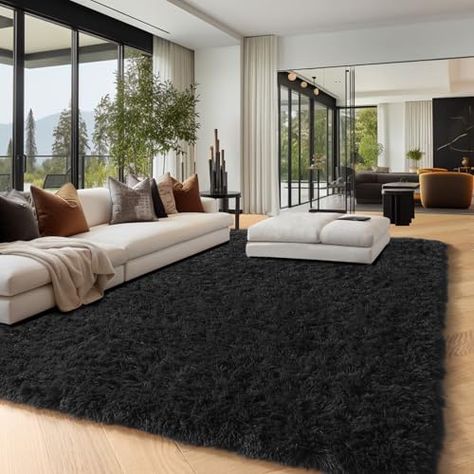 Theater Room Rugs, Black Shag Rug Living Room, Rugs For Boys Room, Black Rug Living Room Decor, Playroom Apartment, Black Modern Living Room, Black Carpet Living Room, Black Rug Living Room, Rug Fuzzy