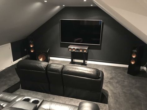 Attic Theater Room Ideas, Tv Theater Room, Man Cave Gaming Room Ideas, Man Cave Attic Ideas, Gaming Room Attic, Attic Gaming Room Ideas, Man Cave Loft Ideas, Attic Home Theater, Loft Man Cave Ideas