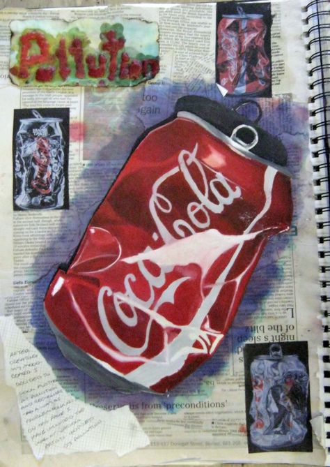 A2 Level project on pollution. Painted crushed coke can on a newspaper and ink background. 'pollution' written in wax. Crushed Coke Can, Sketchbook Presentation, Chav Outfits, Man Vs Nature, Waste Art, Coke Can, Textiles Sketchbook, Ink Background, Water Pattern