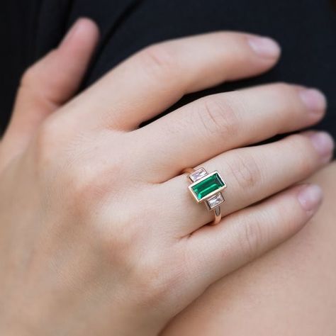 Emerald Baguette Ring, Emerald Ring Engagement, Antique Emerald Ring, Etsy Engagement Rings, Art Deco Emerald, Blue Diamond Engagement Ring, Art Deco Emerald Ring, Womens Ring, Baguette Ring