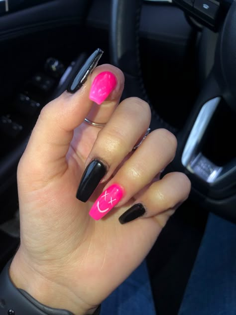 Nails Coffin Shape Ideas, Simple Punk Nails, Cool Nail Inspiration, Black Simple Nail Ideas, Jelly Roll Concert Nail Ideas, F U Nails, Simple Concert Nails, Mgk Nails Ideas, Cute Concert Nails