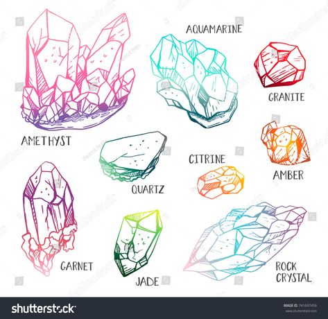 Crystals Art Drawing, Watercolor Gem, Stone Tattoo, Gem Tattoo, Crystal Tattoo, Wiccan Crafts, Crystal Drawing, Hand Drawn Vector Illustrations, Gems Art