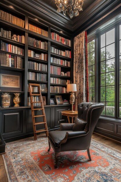 Luxurious Library with Leather Chair and Bookshelves | Premium AI-generated image Wood Library Room, Library And Office Room, Library Office Room, Classic Home Library Design, Big Libraries, Leather Chair Office, Luxury Library, Library Sitting Room, Luxurious Library