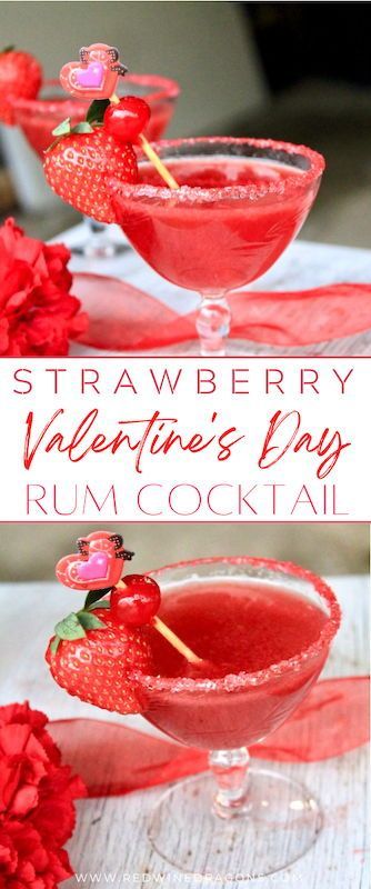 Make this smooth sparkling strawberry Valentine’s rum cocktail as a festive red rum drink for your sweetie this Valentine’s Day! Lots of fresh strawberry flavor and splashes of cherry syrup give this gorgeous fruity cocktail its luscious garnet red color. #valentinesday #valentinesdaycocktail #valentinesdaydrinks #valentinesdayrumcocktail #strawberryrumdrink Signature Valentines Drink, Valentine Shots Alcohol, Strawberry Rum Drinks Recipes, Valentine’s Day Themed Drinks, Strawberry Rum Cocktails, Valentine’s Day Cocktails Tequila, Valentine’s Day Drink Recipes, Valentine’s Day Cocktail Recipes, Valentine’s Day Drinks Alcoholic