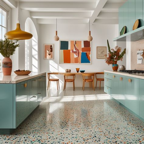 Interior designers say this dated tile trend is making a reappearance in 2024 – is terrazzo back on trend again? Link in bio >>> #designinspo #interiordesigntrends #homedesigns #designerhome #beautifulhomes #designtips #designlove #miamiinteriors #interior_delux #interiordesigntrendsmaterials #interiordesigntrendspotter House Interior 2024 Trends, Kitchen With Terrazzo Floors, Terrazo Flooring Kitchen, Terrazzo Tiles Kitchen, Terrazo Kitchen Flooring, Terazzo Kitchen Floors, Tile Trends 2024, Terazzo Floor Interior, Small Kitchen Flooring