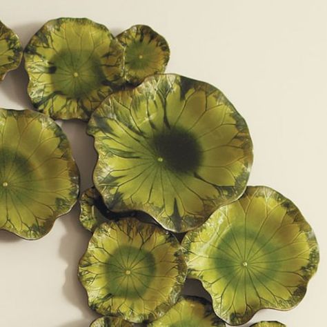 awesome lily pad plates from global views Extreme Makeover Home Edition, Padded Wall, Plate Wall Decor, Leaf Plates, Global Views, Clay Flowers, Ceramic Flowers, New Wall, Clay Projects