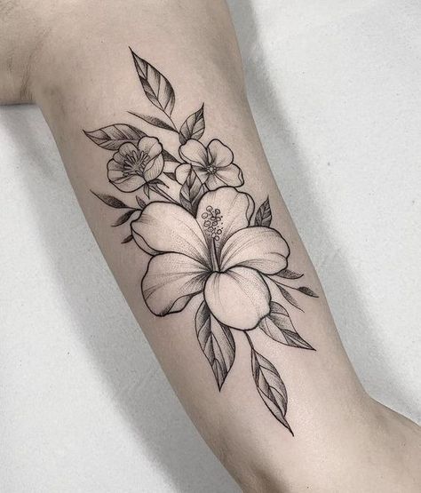 Tropical Flower Tattoos, Honeysuckle Tattoo, Hawaiian Flower Tattoos, Hibiscus Tattoo, Cat Tattoos, Inspiration Tattoos, Flower Tattoo Sleeve, Tiny Tattoo, Tattoo Feminina