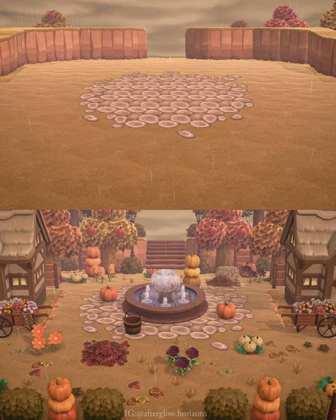 Acnh Fall Island Entrance, Acnh Fall Entrance, Acnh Halloween Island, Home Island Ideas, Halloween Acnh, Animal Crossing Room Ideas, Acnh Farm, Acnh Guide, Water Fountain Ideas