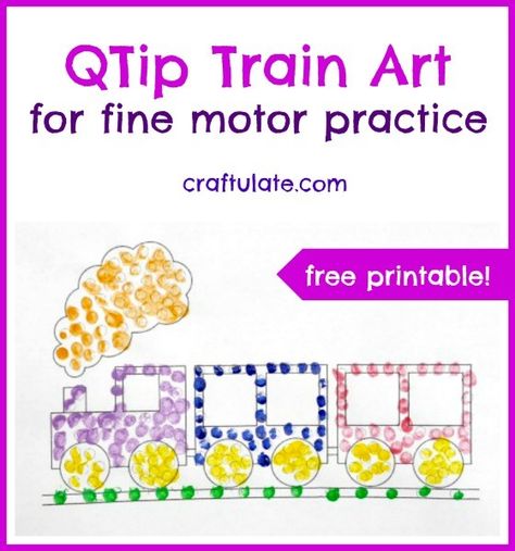 QTip Train Art for fine motor practice from Craftulate Train Fine Motor Activities, Transportation Fine Motor Activities, Train Preschool Activities, Transportation Prek, Train Craft, Trains Preschool, Train Crafts, Fine Motor Practice, Transportation Activities