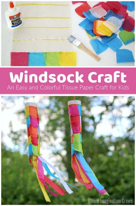 A simple but super fun tissue paper craft for kids! Make DIY windsocks with your kids! Great for all ages: toddler, preschoolers, and older kids all enjoy making thier own colorful windsocks! Make and hand on your porch this summer! #preschoolcrafts #craftsforkids #kidscrafts Coloring Crafts For Kids, Wind Craft, Craft For Summer, Windsock Craft, Nature Classroom, Vbs Craft, Quiet Games, School Age Activities, Toddler Education