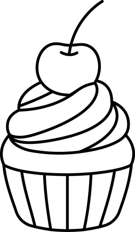 Food Line Art, Cupcake Outline, Cake Drawings, Cake With Cherry, Cake Graphic, Cup Painting, Desserts Drawing, Cupcake Coloring Pages