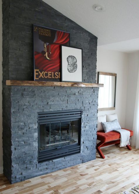 Black Stack Stone Fireplace, Black Stacked Stone Fireplace, Stacked Stone Fireplace Makeover, Fireplace Reference, Black Slate Fireplace, Ledger Stone Fireplace, Den Fireplace, Stacked Stone Fireplace, Stone Fireplace Makeover