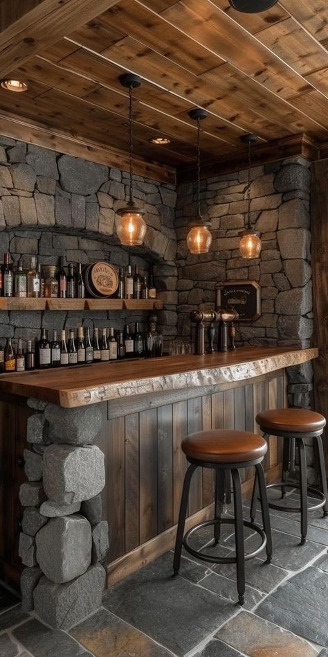 Rustic Sports Bar, Rustic Farmhouse Basement, Farmhouse Basement Bar Ideas, Farmhouse Basement Bar, Small Wet Bar Ideas, Wheelchair House, Bar Wall Design, Rustic Wine Cabinet, Farmhouse Basement