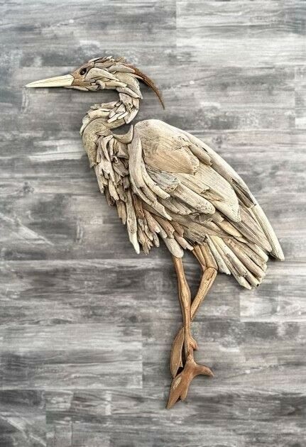 Dan Kangas - Driftwood Art - Heron Driftwood Art Sculpture, Driftwood Fish, Heron Art, Driftwood Diy, Driftwood Art Diy, Driftwood Lamp, Nautical Crafts, Driftwood Projects, Driftwood Wall Art