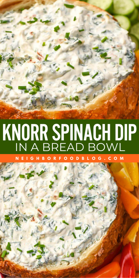 Celebrate 4th of July with this 4th of July appetizer recipe! You'll love this creamy and flavorful knorr vegetable dip recipe. Pin this knorr spinach dip recipe for more easy party snack ideas! Hawaiian Bread Bowl Dip, Spinach Dip Serving Ideas, Cold Spinach Dip In Bread Bowl, Easy Cold Spinach Dip, Spinach Dip With Knorr Vegetable, Bread Bowl Recipe Dip, Spinach Bread Bowl Dip, Easter Spinach Dip, Spinach Dip Knorr Recipe