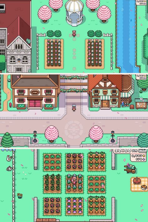 Cute early-game inspo for the  beginnings of a cozy farm Field Of Mistria Farm Layout, Fields Of Mistria Layout Farm, Farm Games, Rune Factory, Farm Layout, Farm Ideas, Visual Aesthetics, Harvest Moon, Stardew Valley