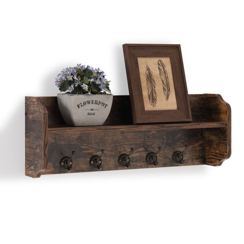 Danya B. Utility Wall Shelf with Hooks - Aged Wood - Walmart.com - Walmart.com Utility Wall, Wall Shelf With Hooks, Shelf With Hooks, Aged Wood, Night Work, Laminated Mdf, Diy Bird Feeder, Floating Wall Shelves, Organization Decor