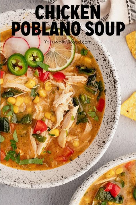 Chicken Poblano Soup has smoky roasted poblanos, southwest spices, sweet corn, and chicken. Simple to make and ready in under 40 minutes. Chicken Poblano Soup, Drinking Recipes, Gf Soups, Chicken Poblano, Poblano Chicken, Poblano Soup, Posole Recipe, Cozy Soups, Mexican Train