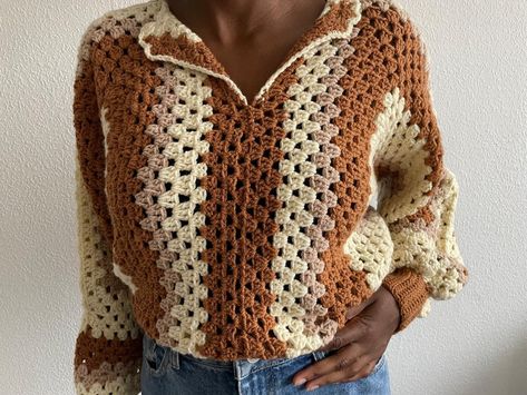 This stylish handmade crochet sweater is created from a hexagon pattern and features a repeated pattern.  It is slightly oversized, with larger sleeves that come in at the cuff, making it perfect for winter layering or summer breeze.  Each piece is custom made from acrylic yarn, ensuring the highest quality craftmanship. Feel free to let me know how you want your garment to fit.  You can choose from any of the colours listed as this cardigan is made to order.  Simply have a look at our colour chart, decide which colour you want and choose from the colour options. MEASUREMENTS: If you have any questions about what size to choose please contact me and I will gladly guide you to choose the correct size. The model in the pictures wears UK size 12-14. Granny Hexagon Pullover, Hexagon Sweater Crochet, Hexagon Pullover, Crochet Winter Sweater, Granny Hexagon Crochet, Hexagon Sweater, Granny Hexagon, Hexagon Crochet, Crochet Pullover