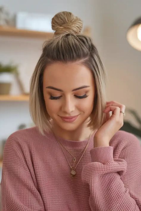 Woman with short blonde hair styled in a top knot, wearing a pink sweater and layered necklaces, looking down and smiling softly. Everyday Short Hair Updo, Long Bob Hair Updo, Short Hairstyle Workout, Short Hair Do Women Easy, Hair Accessories For Short Hair Bobs, Short Updo Hairstyles With Bangs, Chin Length Bob Updo, Easy Chin Length Hairstyles, Updos For Short Hair With Bangs