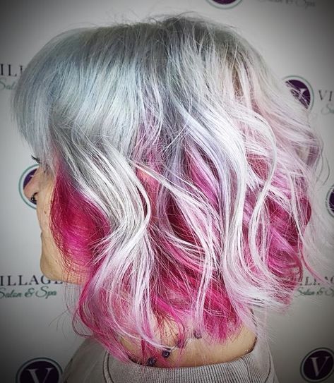 Pink And Grey Hair Color, Pink Streaks In Grey Hair, Grey And Pink Hair, Pink And Grey Hair, Silver And Pink Hair, Pink And Silver Hair, Pink Grey Hair, Pink Hair Streaks, Bright Pink Hair