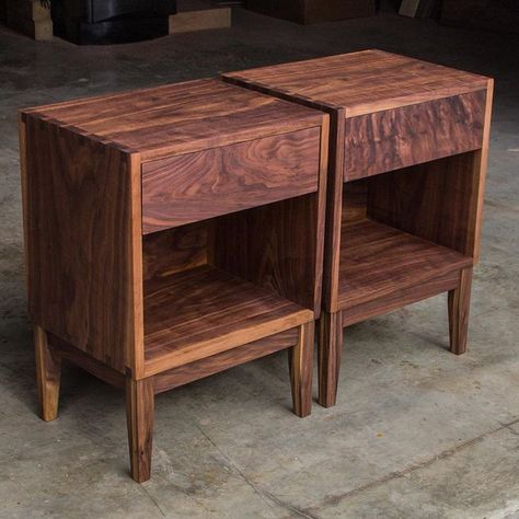 Custom size of our modern dovetail nightstands- the open area is 10”H for books to stand vertically. All solid walnut hardwoods with a… Woodworking Nightstand, Guest Room Storage, Nightstand Design, Farmhouse Nightstand, Night Tables, Walnut Furniture, Handmade Farmhouse, Modern Bedside Table, Wood Sample