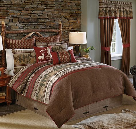 Log Cabin Bedrooms, Cabin Bedrooms, Western Comforter Sets, Cabin Room, Bed Idea, Lodge Ideas, Rustic Decor Ideas, Western Bedding, Blue Comforter Sets