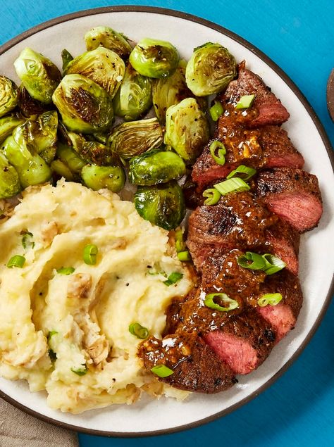 Steak Potatoes And Brussel Sprouts, Hello Fresh Mashed Potatoes, Beef Hello Fresh Recipes, Steak With Brussel Sprouts, Low Carb Hello Fresh Recipes, Hello Fresh Dinner Recipes, Hello Fresh Steak Recipes, Easy Hello Fresh Recipes, Hello Fresh Copycat Recipes