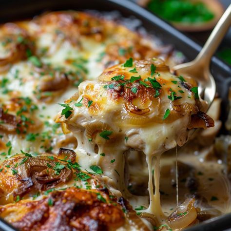 French Onion Chicken Bake is a delightful and savory dish that’s packed with rich, caramelized onion flavors and melty cheese. It’s not overly heavy, making it a perfect comfort meal for any season. I think it’s an excellent choice for a cozy family dinner or a special occasion, and if you’re not a fan of onions, feel free to adjust the amount to your taste. It will still be undeniably delicious! If you’re looking for a hearty and flavorful dish that’s not overly complicated, you’ve come to ... French Onion Baked Chicken Recipes, French Onion Dinner Recipes, French Onion Seasoning Recipes, Dinner Recipes With Onions, French Onion Chicken Pasta Bake, Special Occasion Meal Ideas, French Onion Chicken And Rice Casserole, Baked Chicken Thighs Recipe, French Onion Chicken And Rice Bake