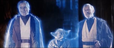 Sebastian Shaw, (Unmasked Darth Vader and Force Ghost Anakin Skywalker) Frank Oz, (Puppeteer and voice of Yoda and Force Ghost Yoda) and Sir Alec Guinness, (Obi-Wan “Ben” Kenobi and Force Ghost Obi-Wan Kenobi) in the original 1983 final scene of Return of the Jedi Sebastian Shaw, Force Ghost, Darth Vader Mask, Carrie Fisher Princess Leia, Ben Kenobi, Alec Guinness, Star Wars Canon, Star Wars Background, Star Wars Watch