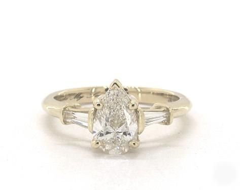 1ct Pear, & Baguette Side-Stone Engagement Ring in 4mm 18K Yellow Gold by James Allen® 3 Stone Diamond Ring, Big Engagement Rings, Ornate Jewelry, Pear Shaped Engagement Rings, 3 Stone Engagement Rings, Side Stone Engagement Ring, Engagement Ring Shapes, Vintage Style Rings, Contemporary Ring