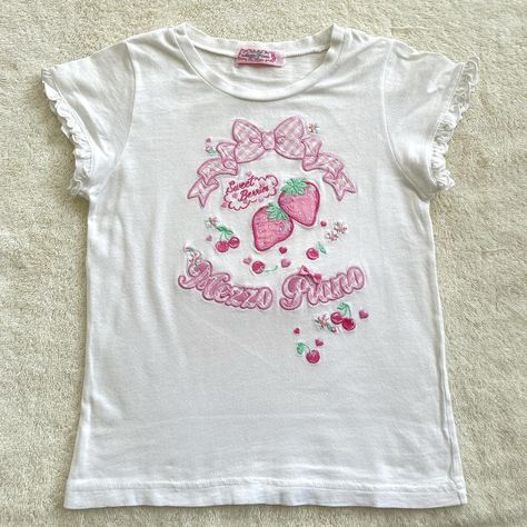 Mezzo piano strawberry shirt. ★japanese Size 120 ... - Depop Piano Clothes, Cutecore Clothes, Coquette Doll, Strawberry Shirt, Hat Aesthetic, 2000s Clothes, Clueless Outfits, Cool Buttons, Bunny Shirt