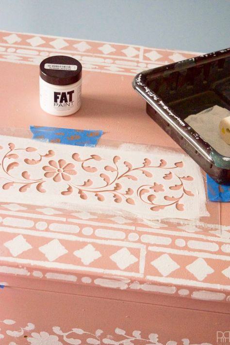 DIY Bone Inlay Stenciled Dresser Stenciled Dresser, Inlaid Furniture, Unusual Bedside Tables, Diy Dressers, Stencil Dresser, Stencils Ideas, Bone Inlay Dresser, Furniture Stencils, Diy Dresser Makeover