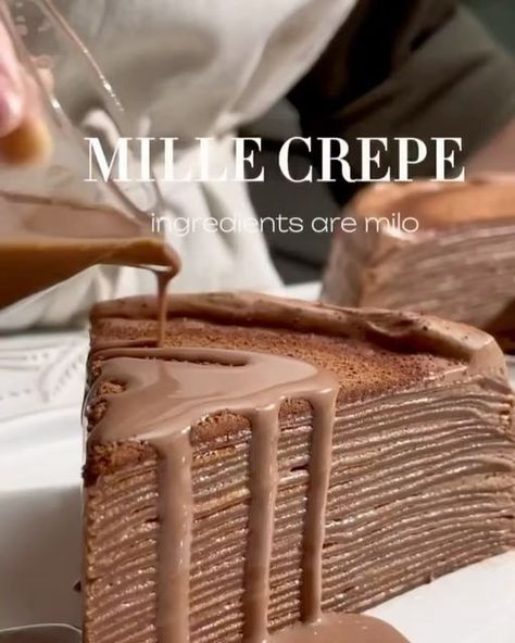 Chocolate | Desserts on Instagram: "Milo - known as the childhood drink of children, this is also an ingredient that you can refer to for crepes. 🎥 by @vykhuefoodstylist This crepe is quite large, if it’s half the recipe you’ll need a smaller pan. Divide the recipe by ½ if it feels too much for you. CT for cake size 28cm 6 eggs 150-200g sugar 240gmilk 240g allpurpose flour 100g Milo powder 480g milk Milo Cream: 200g whipping cream 100g milo flour Instruct: Step 1: Mix eggs, sugar, fresh milk, flour, milo flour. Milk for this recipe is 720g, divided into 2 times because the milo powder is easy to clump. After mixing everything, you should sift the mixture and let the dough rest for 30-45 minutes. Step 2: Let the pan have a stable medium temperature, spread a thin layer of oil. Thin s Crispy Crepe Recipe, Crepe Cake Chocolate, Milo Cake, Crepe Cake Recipe, Crepe Ingredients, Crepe Recipe, Mille Crepe, Crepe Cake, Quick Recipes Snacks